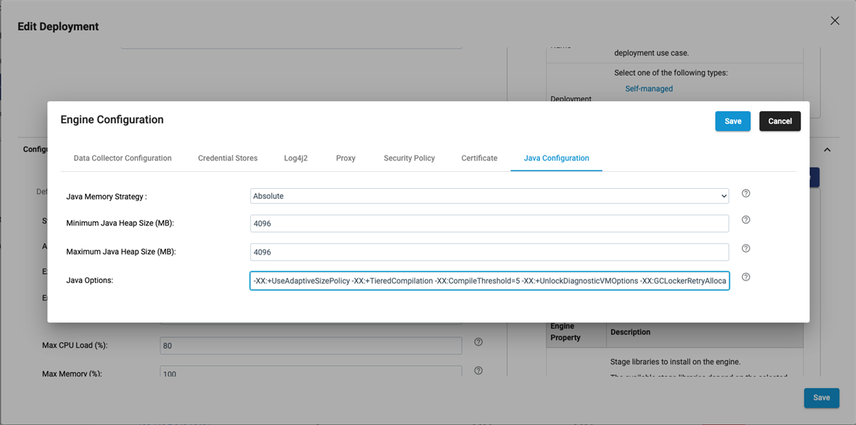 Set the memory strategy to absolute, actual min/max memory for Java, add Java Options